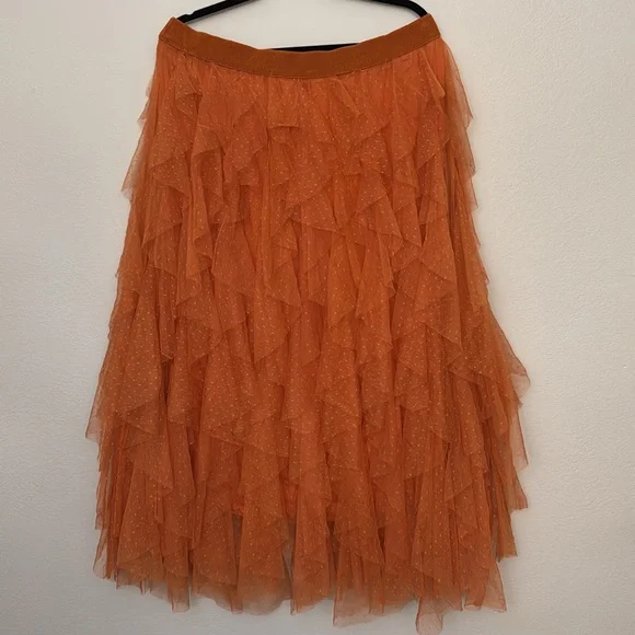 New Anthropologie Cheri Ruffle Tulle Elastic Waist Orange Preppy Midi Skirt XL - Picture 3 of 11
